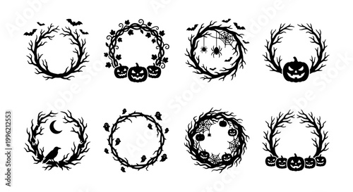 Spooky Halloween wreath collection, 8 black silhouette circular frames with pumpkins and bats, gothic branch borders for invitations and decor