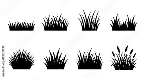 Black grass silhouette collection, set of 8 botanical plant borders, minimalist garden turf and meadow weeds vector icons for landscape design