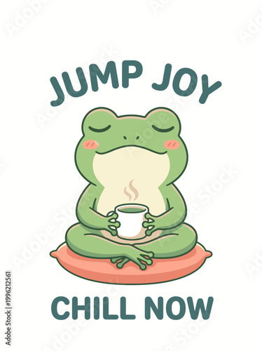 Cartoon Frog Sitting Holding Coffee.