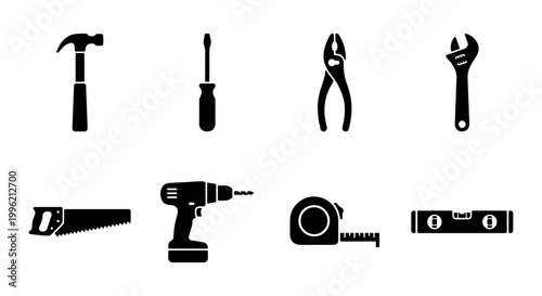 Industrial hand tools icon set, black silhouette construction equipment, 8 professional hardware vector elements for home repair and carpentry