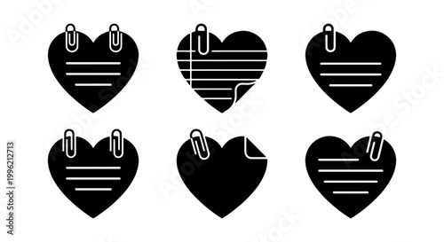 Heart shaped sticky note icons set, black paper note vector collection with paperclips, romantic office stationery and memo pad elements