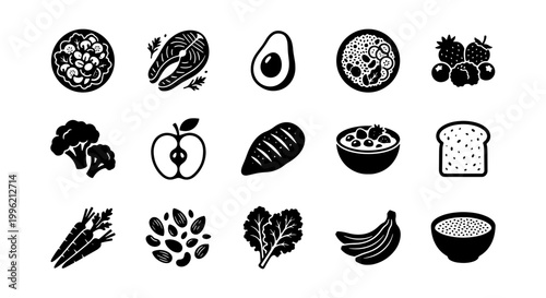 Healthy food icons set, black and white nutrition vector elements, 15 organic grocery symbols for meal planning and diet tracking apps
