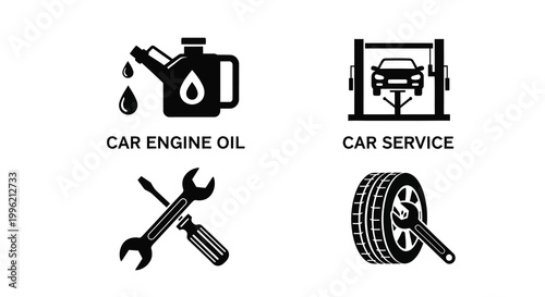 Automotive repair icons including oil can tools and tire silhouette