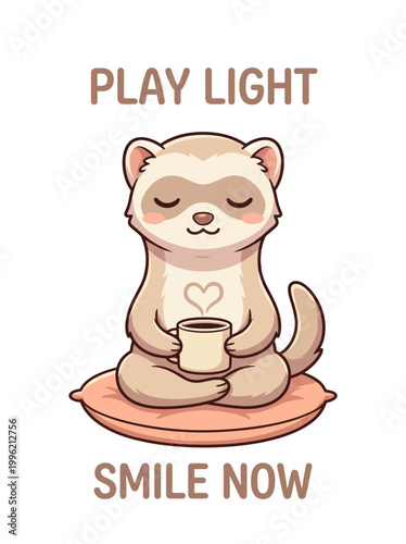 Cute Ferret Holding Coffee Cup.