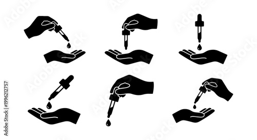 Essential oil dropper icons set, black silhouette hand holding pipette with liquid drop, skincare and medical treatment vector symbols