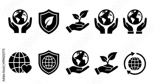 Eco friendly environment icons set, black silhouette earth protection symbols, 10 sustainable ecology vector elements for green business branding