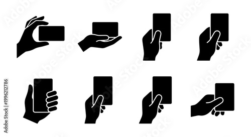 Black silhouette hand holding card icons set, 8 vector elements of hands with credit cards or business cards, payment and identification symbols