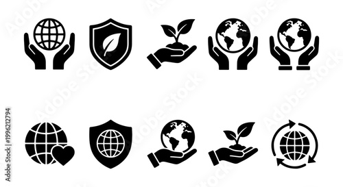 Eco friendly environment icons set, 10 black vector symbols for sustainability and ecology, earth day and global conservation signs for web design
