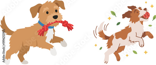 Illustration of playful cartoon dogs running and playing with toys, showing energetic and joyful pet behavior.