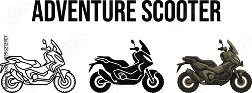 Adventure scooter icons in outline silhouette and color vector illustration for transport and travel concepts
