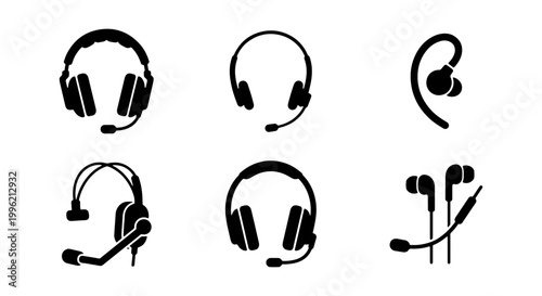 Headset icon set with microphone, black silhouette headphones for call center and gaming, 6 vector earphone symbols for communication and music