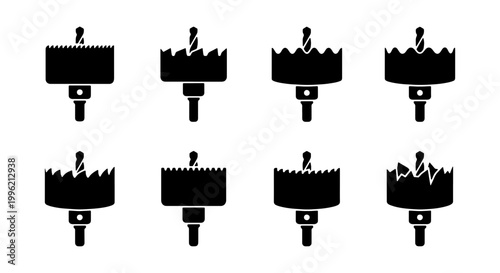 Industrial hole saw drill bit icons set, professional metal and wood cutting tools, black silhouette hardware equipment vector collection
