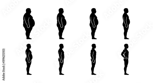 Weight loss transformation silhouette set, male body evolution stages from obese to fit, 8 man figure icons showing fat burning progress
