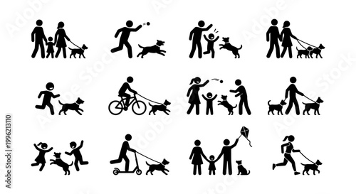 People walking dogs silhouette icons, family and pet owner activities set, human and puppy interaction vector pictograms, outdoor lifestyle elements