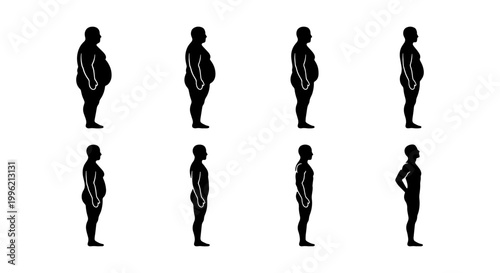 Weight loss transformation silhouettes, 8 male body stages from obesity to fitness, man slimming process vector set, health and diet progress icons