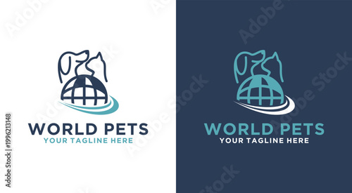 World Pets Logo Design with Dog Cat and Globe.
