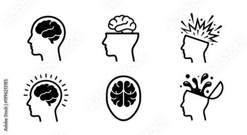 Mental health icons set, human head and brain vector illustrations, psychology and neurology symbols, 6 black line art icons for medical design