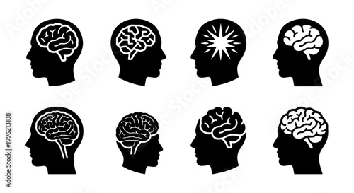 Human brain icon set in profile head silhouettes, mental health and neurology vector symbols, 8 black and white brain function illustrations