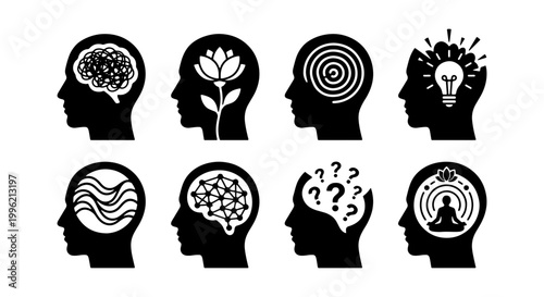 Mental health icons set with human head silhouettes, psychology and mindfulness symbols, brain health and meditation vector illustrations