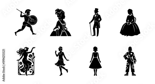 Vintage historical fashion silhouettes, set of 8 vector icons, antique people and period costumes, retro human figures through the ages