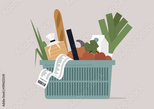 In a vibrant grocery basket, a mix of fresh vegetables, a loaf of bread, and a purchase bill come together, highlighting everyday shopping joy and the importance of nutritious choices.