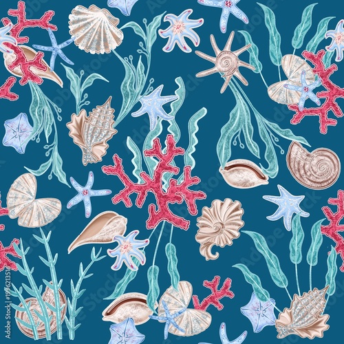 Tableau sur toile Deep Teal Reef Underwater Coral Pattern