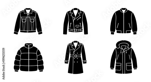 Minimalist outerwear icon set, black silhouette winter jackets and coats collection, 6 vector apparel elements for fashion retail and e-commerce
