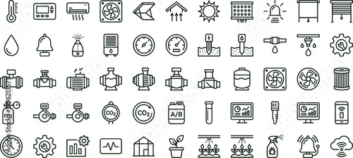 Greenhouse climate control monitoring outline icon set featuring irrigation sensor ventilation temperature vector collection for dashboards interfaces agriculture automation systems