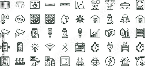 Smart greenhouse monitoring automation outline icon set featuring sensor irrigation lighting analytics vector collection for dashboards interfaces agriculture environmental control systems