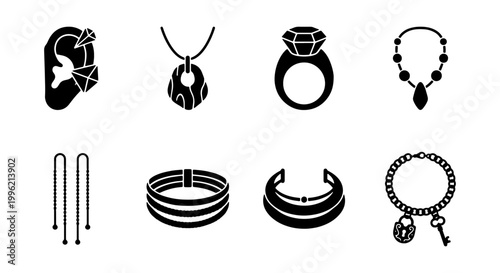 Jewelry icon set with 8 black vector elements, luxury fashion accessories including rings and necklaces, elegant jewelry store branding graphics