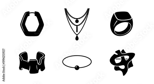 Minimalist jewelry icon set, black silhouette fashion accessories, elegant 6 vector elements including ring, necklace, earring, and bracelet