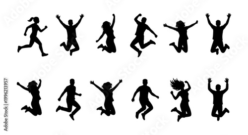 Jumping people silhouettes set, happy group of 12 active men and women jumping in air, black human figures in motion, energetic people vector collection