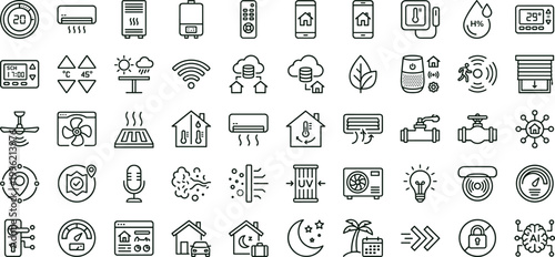 Smart home automation climate control outline icon set featuring temperature humidity sensor monitoring vector collection for dashboards interfaces energy management systems