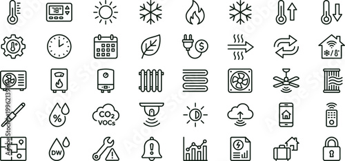 Smart home climate control monitoring outline icon set featuring temperature humidity ventilation vector collection for dashboards interfaces automation energy management systems