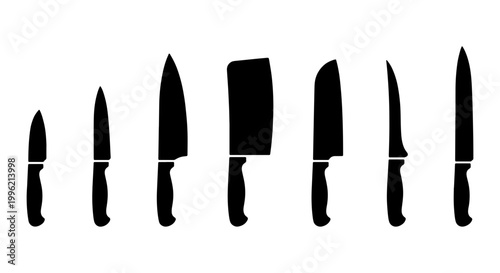 Professional kitchen knife silhouettes set, 7 black chef cutlery icons, culinary butcher cleaver and paring knife vector collection for restaurant menu