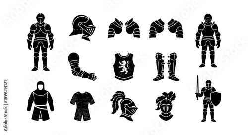 Medieval knight armor set, black silhouette warrior equipment icons, 13 vector elements including helmets, chestplate, and full body plate armor suits