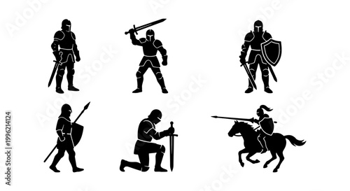 Medieval knight silhouettes set, 6 black warrior icons with swords and spears, armored crusader characters, historical soldier vector graphics