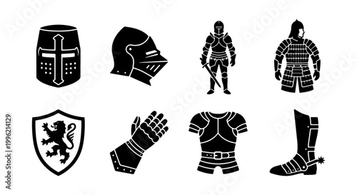Medieval knight armor icons set, black silhouette warrior equipment collection, 8 vector elements featuring helmet shield and gauntlet for gaming