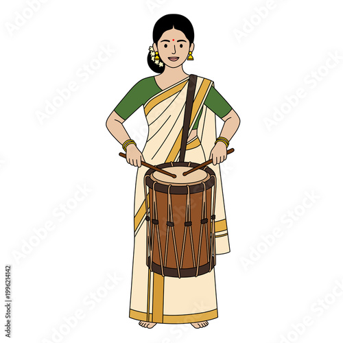 Woman playing chenda melam drum in traditional kerala kasavu saree, south indian culture and festival concept 
