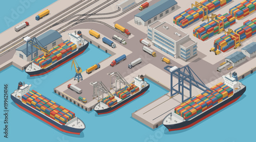 An aerial view of a bustling shipping port with cargo containers, ships, and trucks, showcasing the complexity and efficiency of global trade and logistics in action.