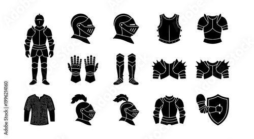 Medieval knight armor set, black silhouette icons of plate mail and helmets, 14 warrior equipment vector elements for gaming and history