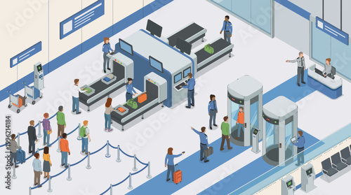 This detailed illustration showcases a bustling airport security area, capturing the flow of passengers and security personnel in a lively travel environment.