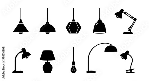 Modern lamp silhouette collection, 10 interior lighting icons, minimalist ceiling pendant lights and desk lamps, black home decor vector set