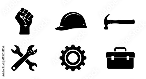 Industrial labor icons set with 6 black vector elements, construction tools and worker safety symbols, maintenance gear and fist of solidarity