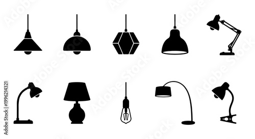 Modern lamp silhouette collection, set of 10 interior lighting icons, minimalist black desk lamps and ceiling pendant lights, home decor vector elements
