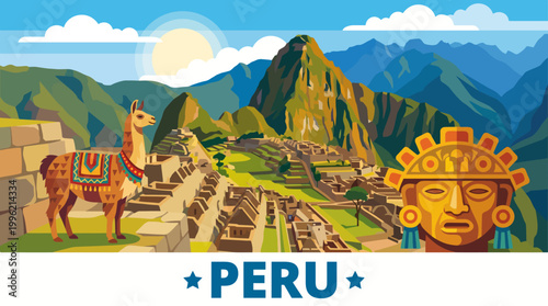Tableau sur toile This striking illustration showcases the historic site of Machu Picchu, featuring a llama against a backdrop of stunning mountains and ancient architecture