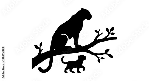 Black leopard silhouette on tree branch, wild panther with cub vector illustration, predatory cat animal family icon on white background