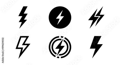 Lightning bolt icon set, black electric power symbols, 6 minimalist thunderbolt vector elements, energy and flash signs for web design