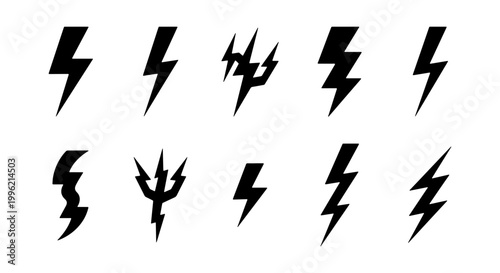 Lightning bolt icon set, 10 black thunderbolt vector silhouettes, electric power and energy symbols, minimalist flash and storm weather graphic elements