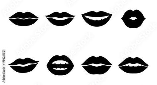Black lips silhouette icons, set of 8 female mouth vector illustrations, minimalist lipstick kiss marks and smiling lip shapes for beauty branding